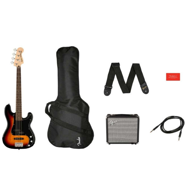 Fender Squier Precision Bass PJ Pack Affinity Series Bass guitar Indian Laurel Fingerboard 4 String Pack with Rumble 15 bass amplifier, padded gig bag, 10' instrument cable and instrument strap 0372980600