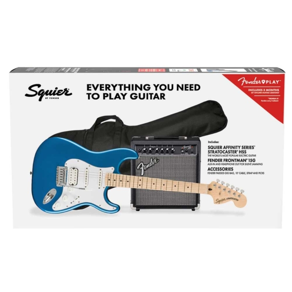 Fender Squier Affinity Series Stratocaster HSS Pack Maple Fingerboard 6 strings Electric Guitar with Gig Bag and Frontman 15 Amplifier Lake Placid Blue 0372820002