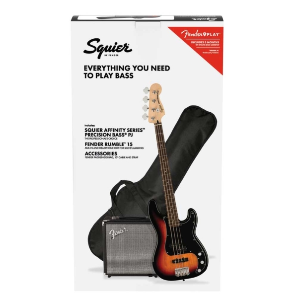 Fender Squier Precision Bass PJ Pack Affinity Series Bass guitar Indian Laurel Fingerboard 4 String Pack with Rumble 15 bass amplifier, padded gig bag, 10' instrument cable and instrument strap 0372980400
