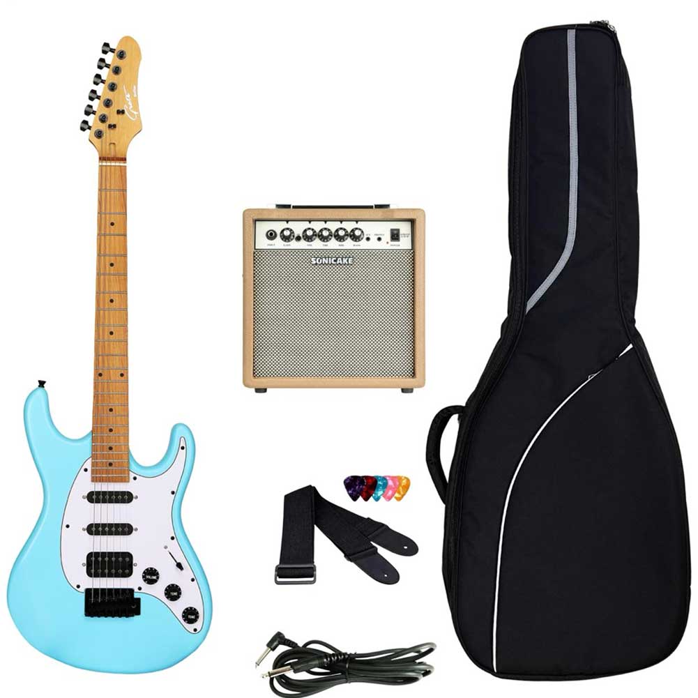 Grote Strat-Style Electric Guitar GTST-01-JIN-BU Surf Blue Kit HSS Pickup Starter Pack for Adult Beginners with Sonicake Sprint QAM-15 Amp Padded Gig Bag cable Strap