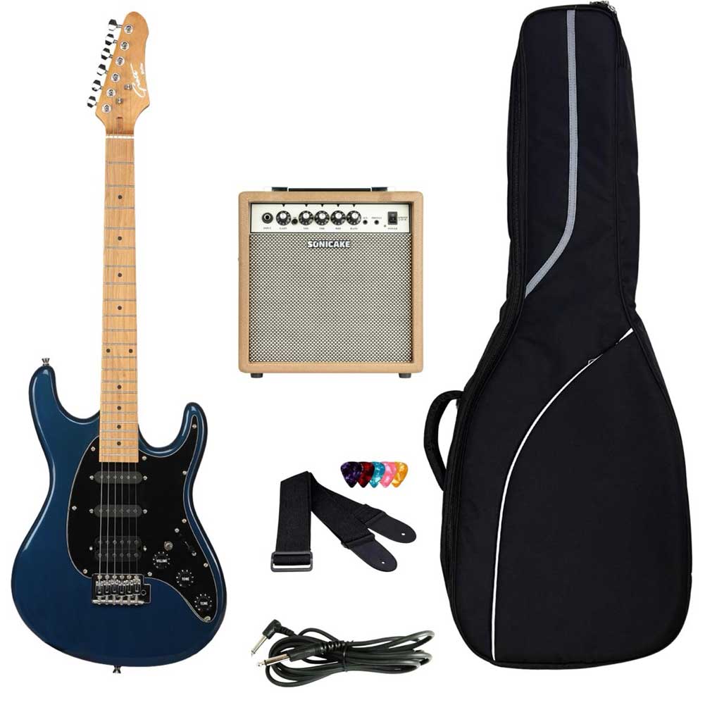 Grote Strat-Style Electric Guitar GTST-01-BL Blue Kit HSS Pickup Starter Pack for Adult Beginners with Sonicake Sprint QAM-15 Amp Padded Gig Bag cable Strap