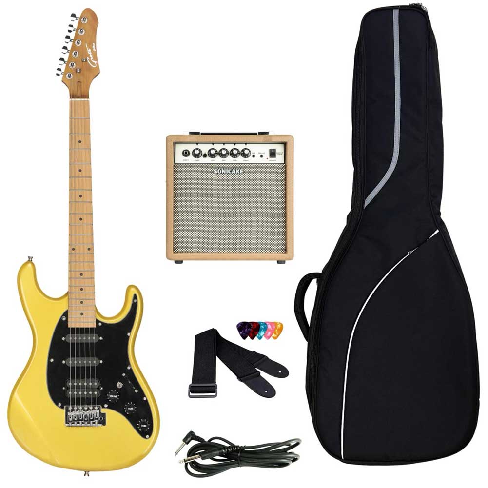 Grote Strat-Style Electric Guitar GTST-01-JIN-YL Yellow Kit HSS Pickup Starter Pack for Adult Beginners with Sonicake Sprint QAM-15 Amp Padded Gig Bag cable Strap