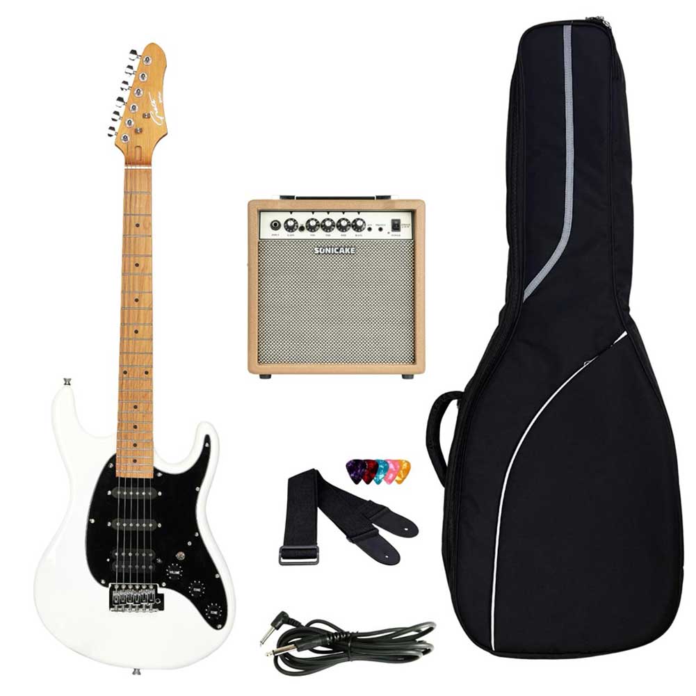 Grote Strat-Style Electric Guitar GTST-01 WT White Kit HSS Pickup Starter Pack for Adult Beginners with Sonicake Sprint QAM-15 Amp Padded Gig Bag cable Strap