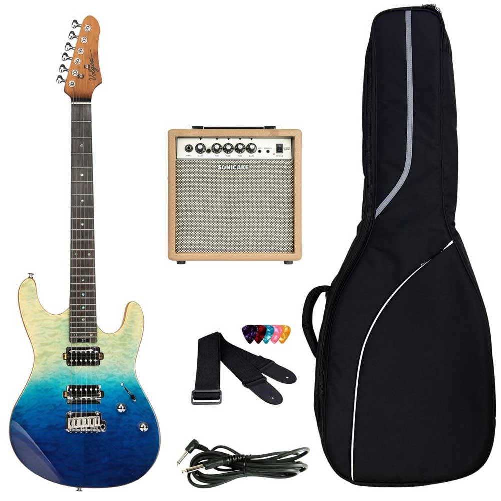Volgoa Strat-Style Electric Guitar VLM-01-BL Blue Kit HH Pickup Starter Pack for Adult Beginners with Sonicake Sprint QAM-15 Amp Padded Gig Bag cable Strap