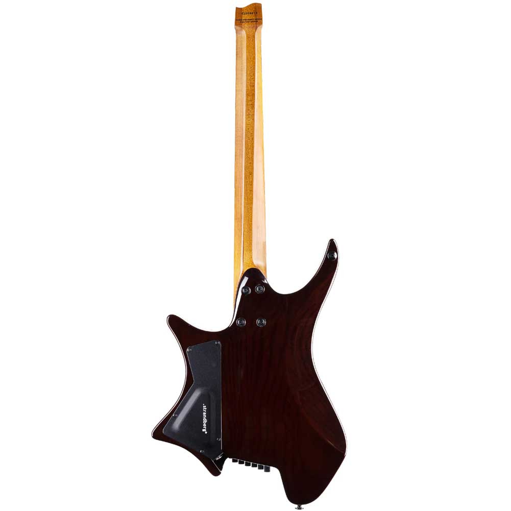 Strandberg Boden Original N2.6 Amber Haze Burst Gloss With Gig Bag Back view of a burgundy electric guitar, showing maple neck and ergonomic body from behind.