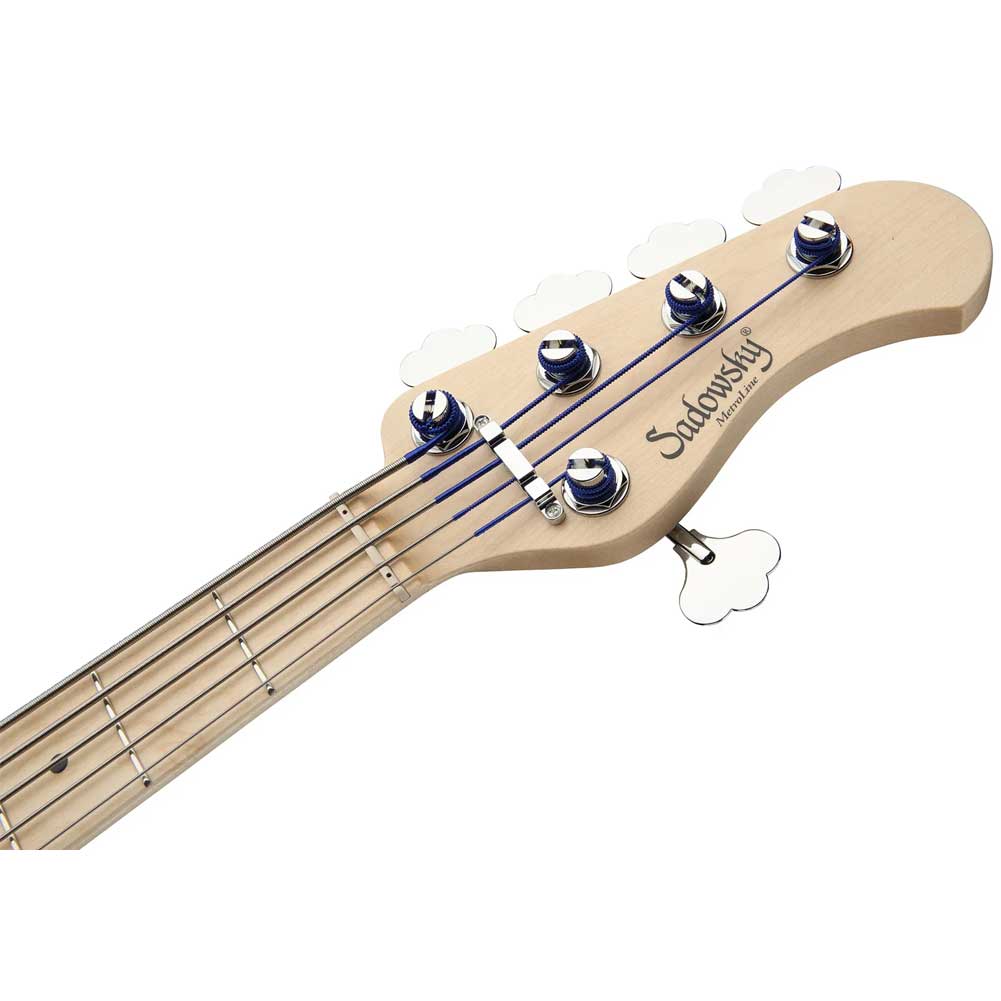 Sadowsky MetroLine 21-Fret Hybrid P/J Bass Swamp Ash Body SML21HP5 49 Series High Polish Maple Fingerboard 5-String bass Neck Close-up of a Sadowsky bass guitar headstock with tuning pegs and five strings on a natural wood neck, brand visible.