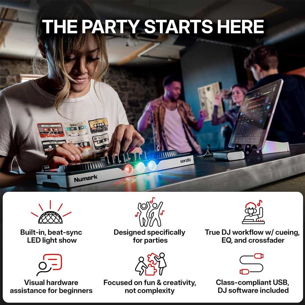 Numark Party Mix III Bluetooth DJ Controller with Built-in Lights | Beat Assist, Smart Fader, 16 Pads, 2 Deck DJ Mixer, Stems Control, USB-C, Serato DJ Lite and Algoriddim djay Included Numark Party Mix III Bluetooth DJ Controller with Built-in Lights | Beat Assist, Smart Fader, 16 Pads, 2 Deck DJ Mixer, Stems Control, USB-C, Serato DJ Lite and Algoriddim djay Included