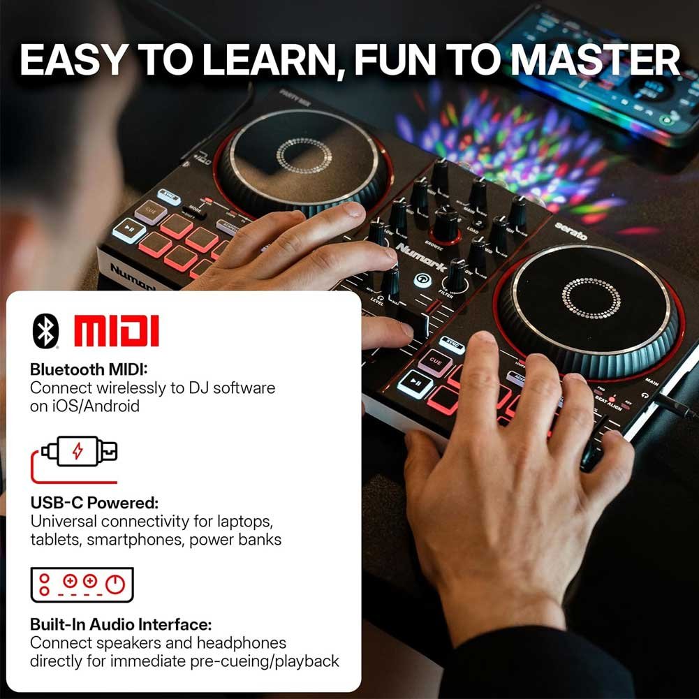 Numark Party Mix III Bluetooth DJ Controller with Built-in Lights | Beat Assist, Smart Fader, 16 Pads, 2 Deck DJ Mixer, Stems Control, USB-C, Serato DJ Lite and Algoriddim djay Included Numark Party Mix III Bluetooth DJ Controller with Built-in Lights | Beat Assist, Smart Fader, 16 Pads, 2 Deck DJ Mixer, Stems Control, USB-C, Serato DJ Lite and Algoriddim djay Included