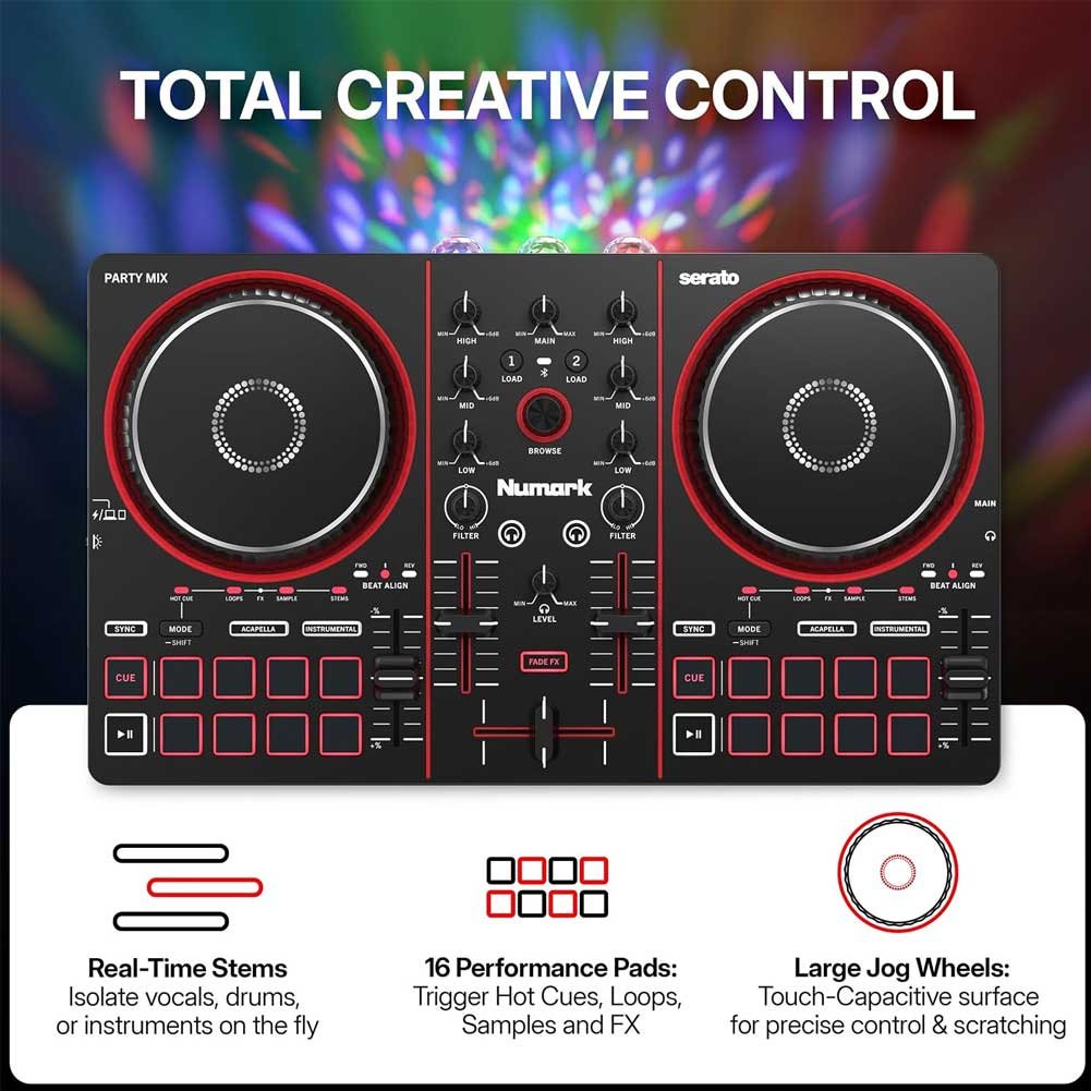 Numark Party Mix III Bluetooth DJ Controller with Built-in Lights | Beat Assist, Smart Fader, 16 Pads, 2 Deck DJ Mixer, Stems Control, USB-C, Serato DJ Lite and Algoriddim djay Included Numark Party Mix III Bluetooth DJ Controller with Built-in Lights | Beat Assist, Smart Fader, 16 Pads, 2 Deck DJ Mixer, Stems Control, USB-C, Serato DJ Lite and Algoriddim djay Included