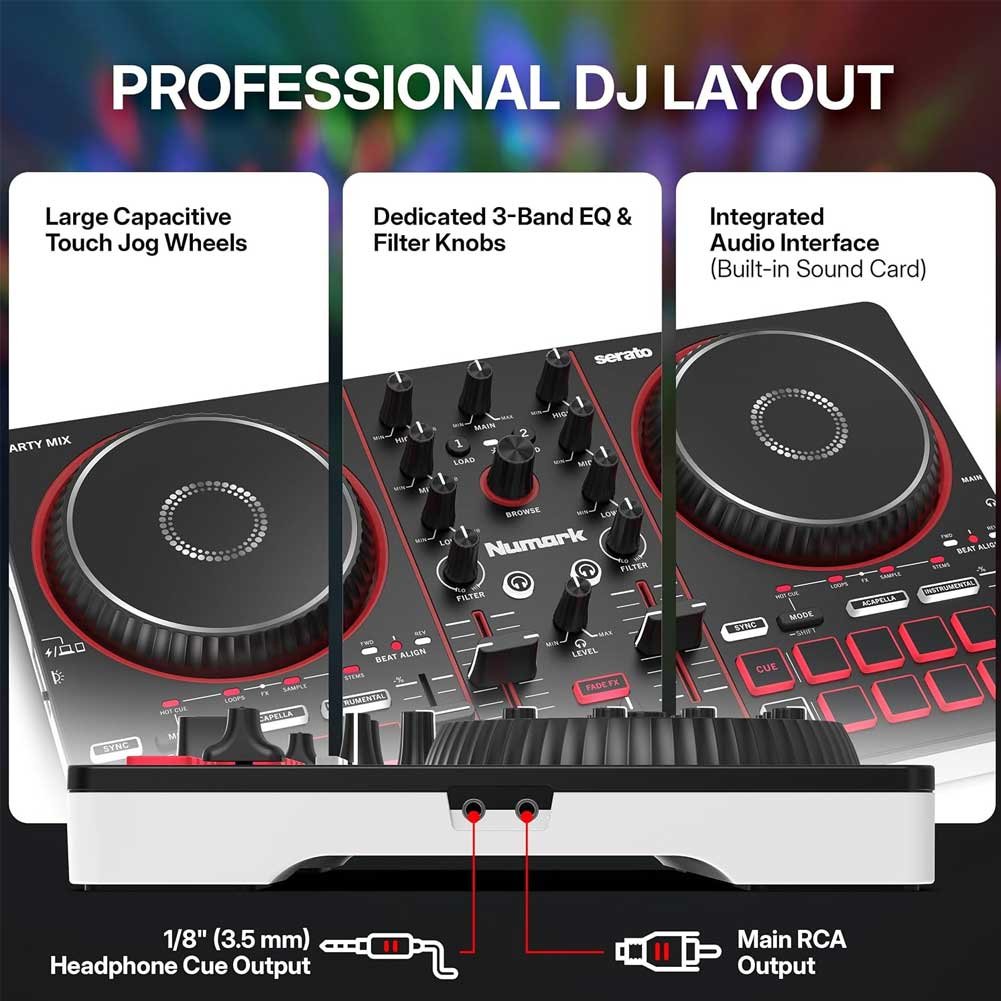 Numark Party Mix III Bluetooth DJ Controller with Built-in Lights | Beat Assist, Smart Fader, 16 Pads, 2 Deck DJ Mixer, Stems Control, USB-C, Serato DJ Lite and Algoriddim djay Included Numark Party Mix III Bluetooth DJ Controller with Built-in Lights | Beat Assist, Smart Fader, 16 Pads, 2 Deck DJ Mixer, Stems Control, USB-C, Serato DJ Lite and Algoriddim djay Included