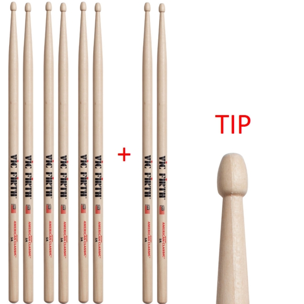 Vic Firth American Classic Hickory  5A Drumsticks Wood P5A.3 + 5A.1 Pack Of 3 Sticks Plus 1 Pair Free